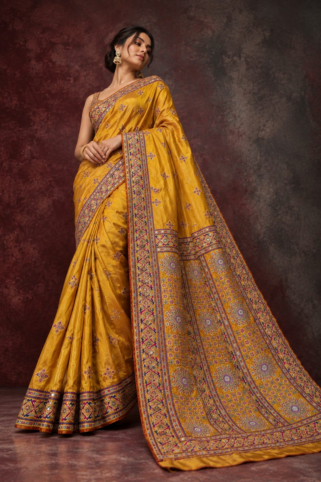 Banni work embroidered mustard silk saree with geometric border
