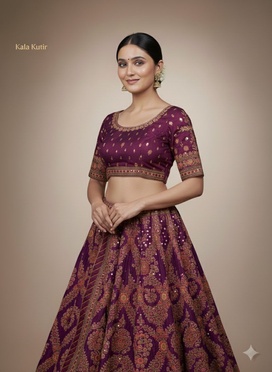 Exclusive hand embroidered wine coloured blouse and lehenga with sequins