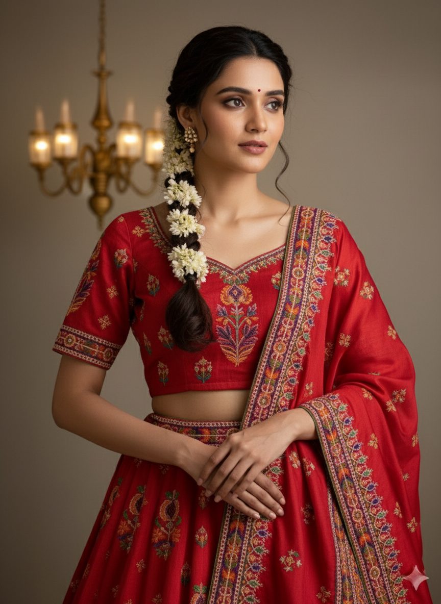 Exclusive hand embroidered red lehenga with floral blouse and floral gajra