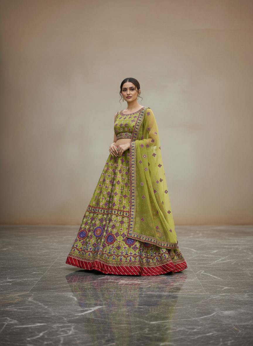 Exclusive hand embroidered mehendi green lehenga with red border and net dupatta