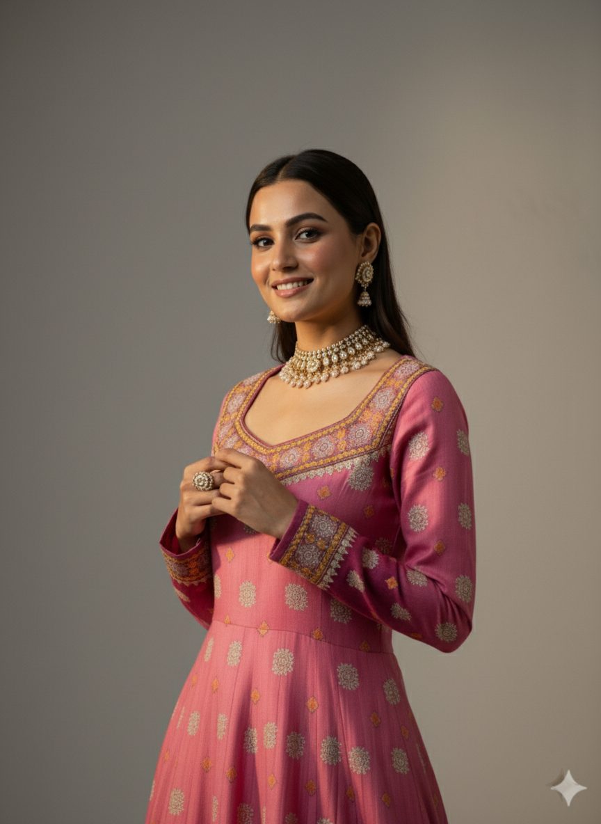 Heavy embroidered rose pink anarkali dress with pearl jewellery