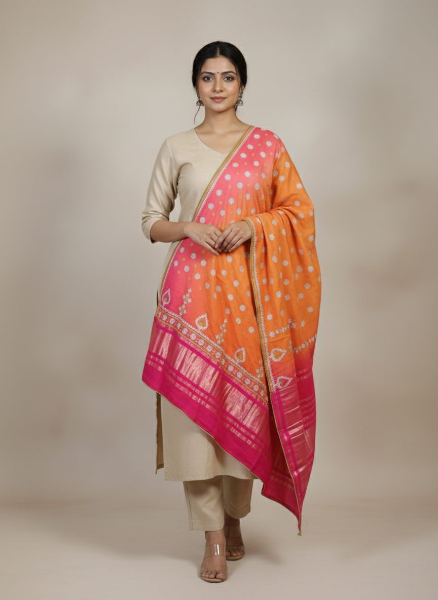 Heavy ombre orange to pink dupatta with silver bootis and border