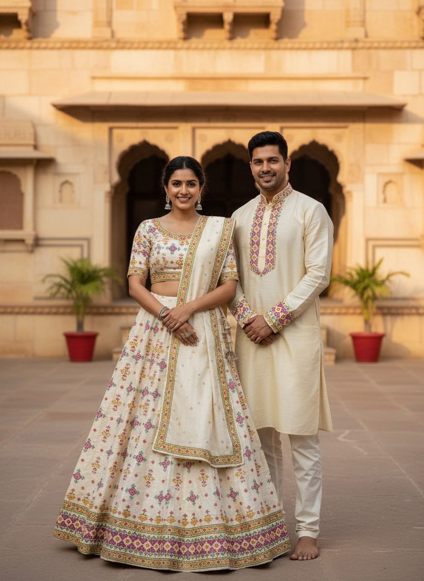 Kutchi Bharat twinning outfits, couple in matching ivory embroidered lehenga and kurta