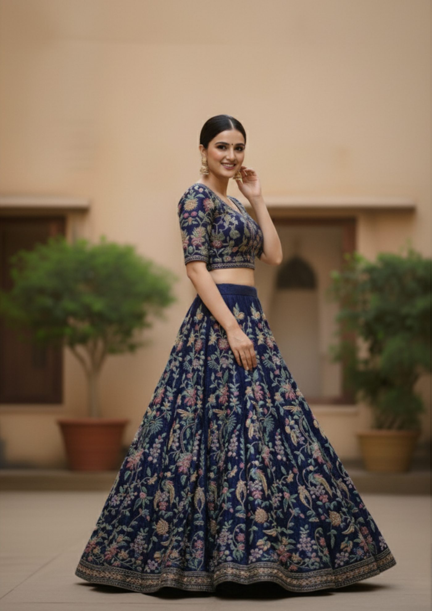 Parsi work hand embroidered lehenga in indigo blue with floral motifs