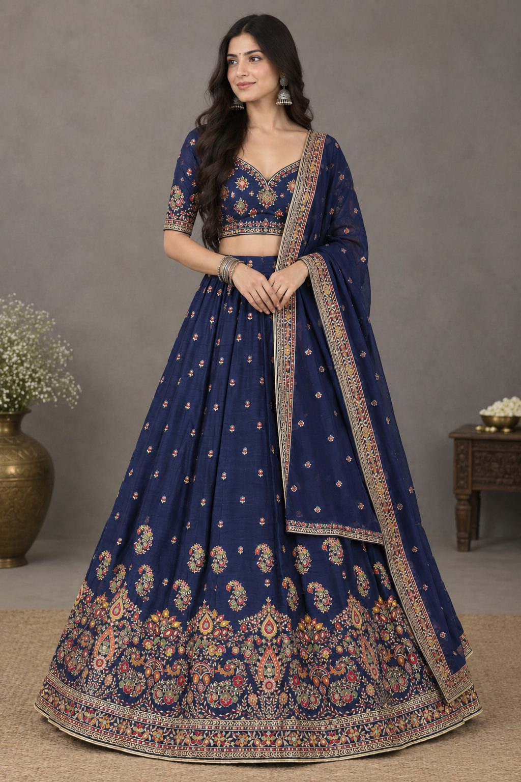 Single thread hand embroidered navy blue lehenga with paisley border