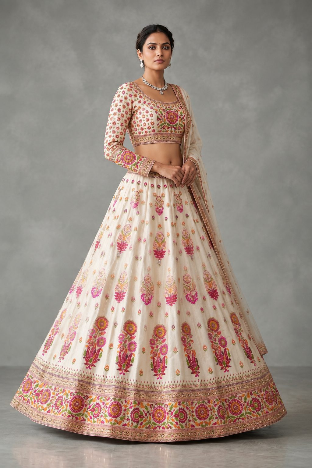 Single thread hand embroidered ivory lehenga with pink floral border