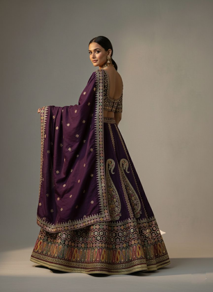 Single thread hand embroidered aubergine purple lehenga, back view